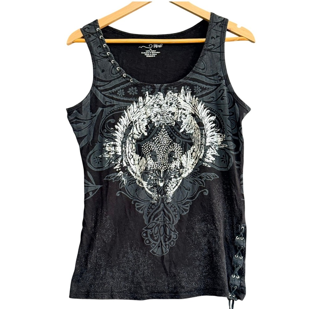 RXB Women Tank XL Black All Over Graphic Rhinestone LaceUp Y2K Grunge Bling Edgy